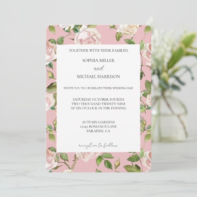 Invitation Romantic Cream Blush Pink Floral Wedding (Debout devant)