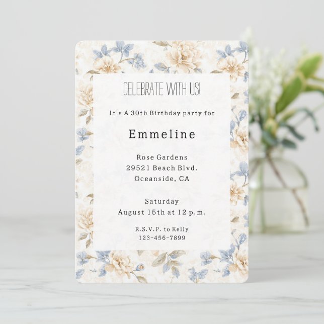 Invitation Romantic Cream Floral Blue Leaves Birthday (Debout devant)