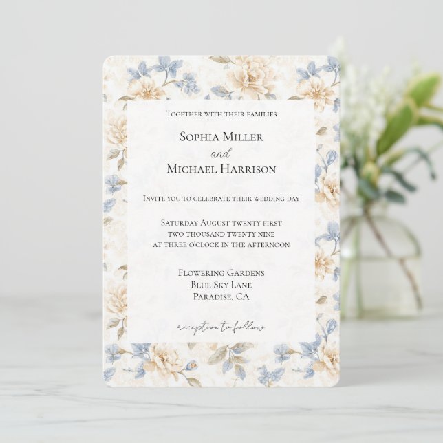 Invitation Romantic Cream Floral Blue Leaves Wedding (Debout devant)