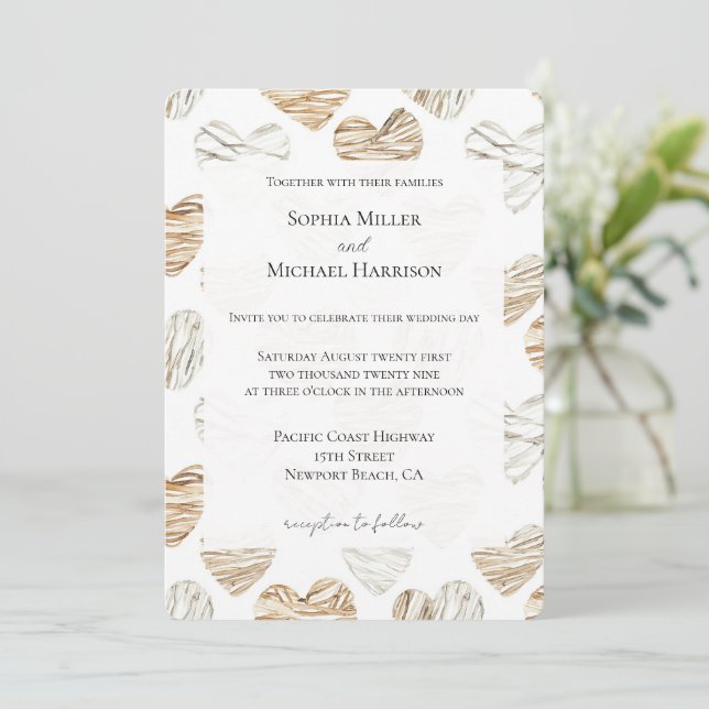Invitation Romantic Cream White Hearts Wedding (Debout devant)