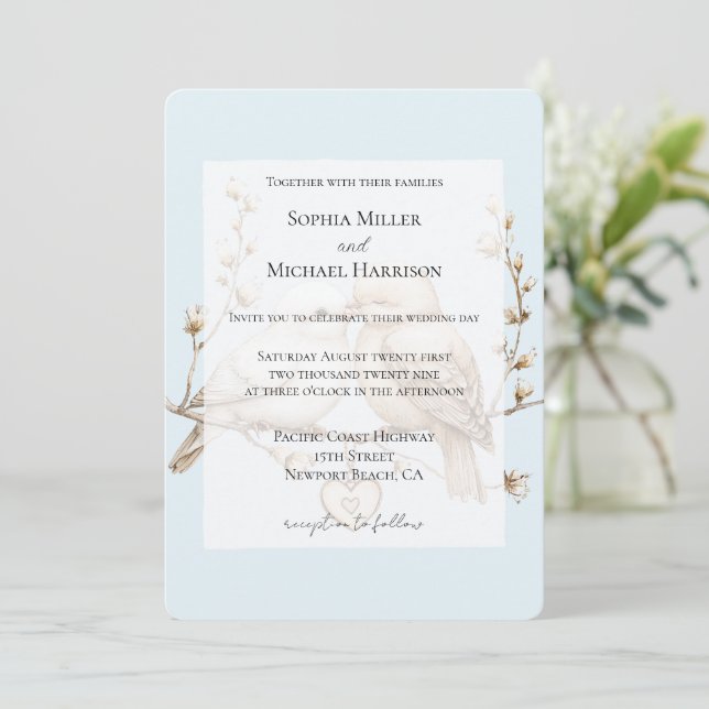 Invitation Romantic Cream White Love Birds Heart Wedding (Debout devant)