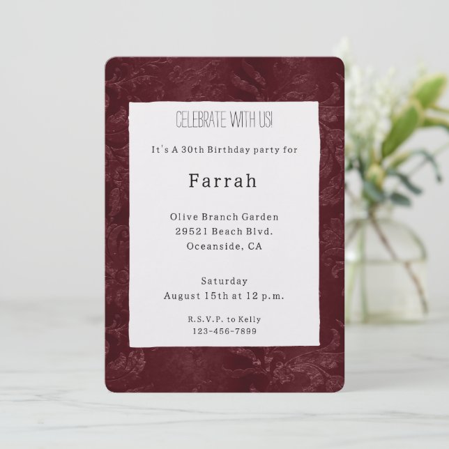 Invitation Romantic Deep Red Burgundy Floral Birthday   (Debout devant)