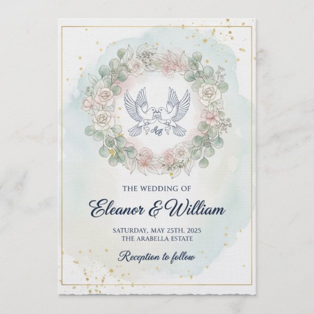 Invitation Romantic Doves  Pink Floral Watercolor Wedding (Devant)