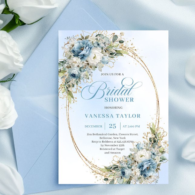 Invitation Romantic Dusty Blue Eucalyptus Gold Bridal Shower  (Romantic Dusty Blue Eucalyptus Gold Bridal Shower Invite)