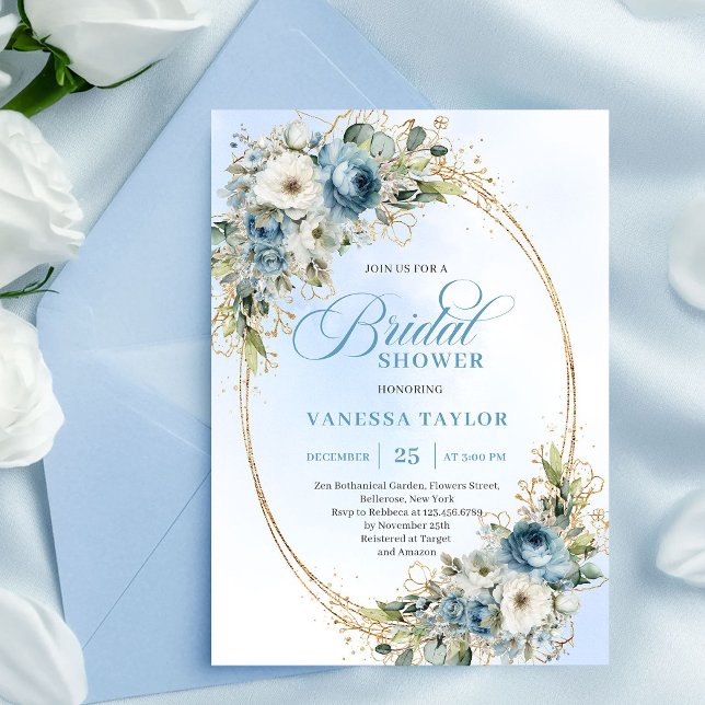 Invitation Romantic Dusty Blue Floral Gold Frame Bridal Showe (Romantic Dusty Blue Floral Gold Frame Bridal Shower Invite)