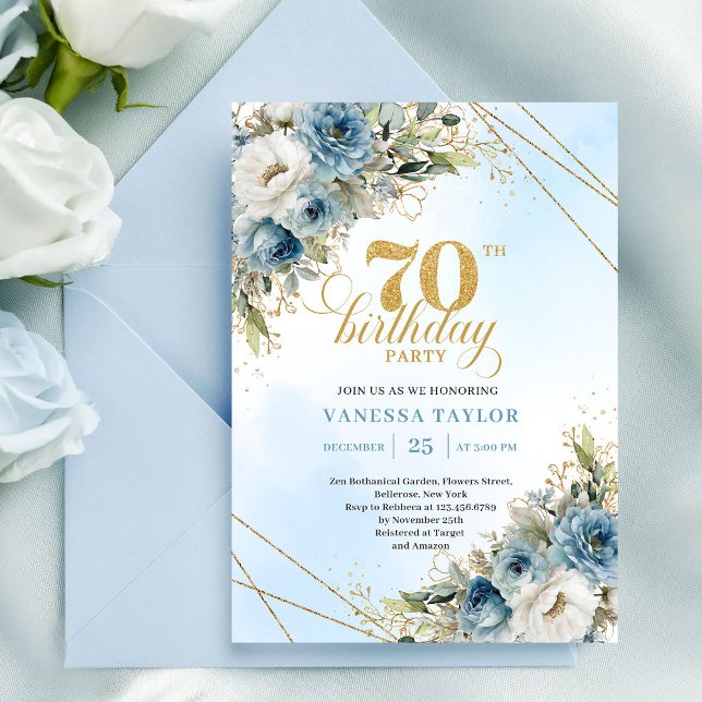 Invitation Romantic dusty blue florals gold frame 70 birthday (Romantic dusty blue florals gold frame 70th birthday

)