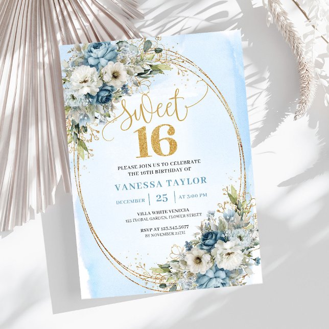 Invitation Romantic Dusty Blue Flowers Sweet Sixteen Invites (Romantic Dusty Blue Flowers Sweet Sixteen Invitation)