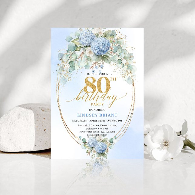 Invitation Romantic Dusty Blue Garden 80th Birthday Invite (Romantic Dusty Blue Garden 80th Birthday Invitation)