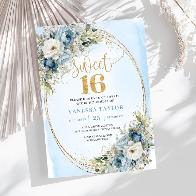 Invitation Romantic Dusty Blue Greenery Sweet Sixteen Invite (Romantic Dusty Blue Greenery Sweet Sixteen Invite)