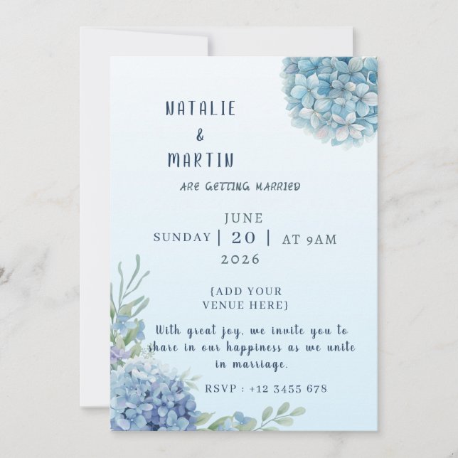 Invitation Romantic Dusty Blue Hydrangea Watercolor Wedding  (Devant)
