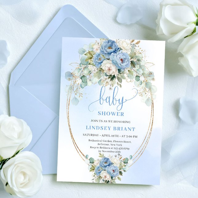 Invitation Romantic Dusty Blue Peonies Eucalyptus Gold Shower (Romantic Dusty Blue Peonies Eucalyptus Shower Invite

)