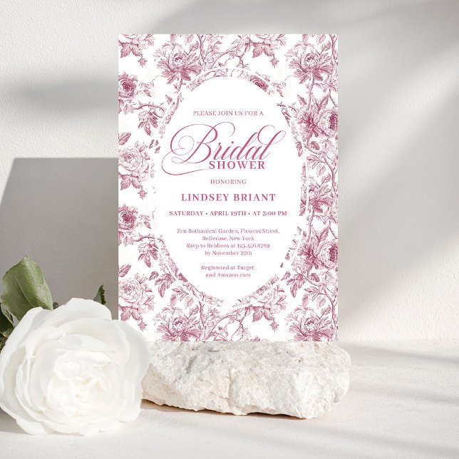 Invitation Romantic Dusty Rose Floral Toile Bridal Shower  (Romantic Dusty Rose Floral Toile Bridal Shower Invite)