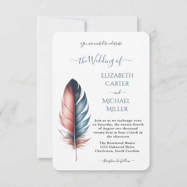 Invitation Romantic Dusty Rose Teal Feather  Wedding (Devant)