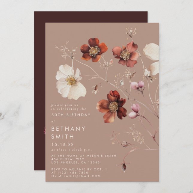 Invitation Romantic Fall Taupe Fleur sauvage fête d'anniversa (Devant / Derrière)