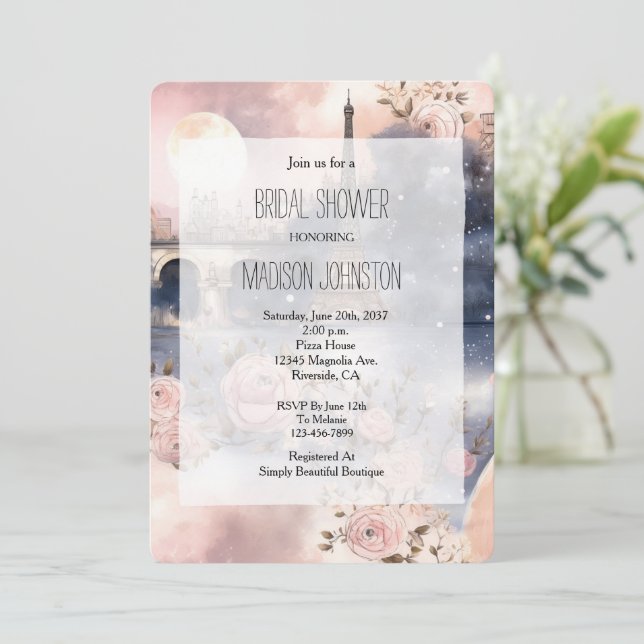 Invitation Romantic Floral Paris Eiffel Tower Bridal Shower (Debout devant)