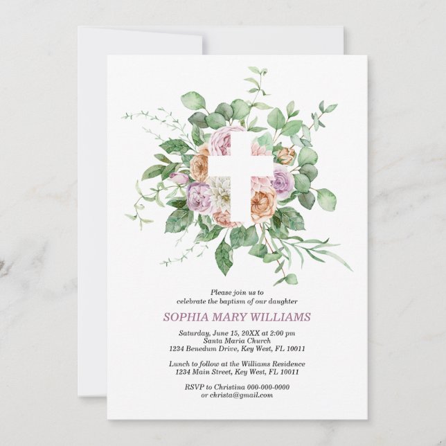 Invitation Romantic Flowers & White Cross Girl Baptism (Devant)