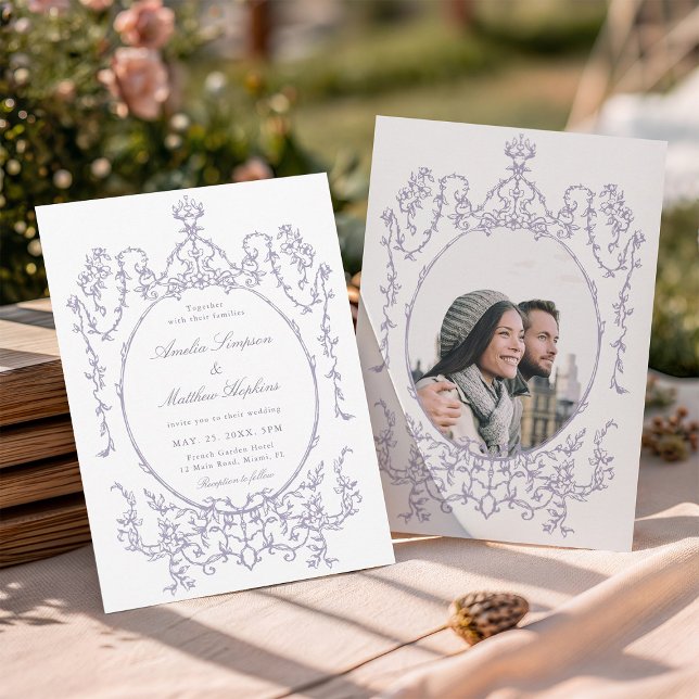 Invitation Romantic French Frame Lavender Wedding Photo (Front & Back)