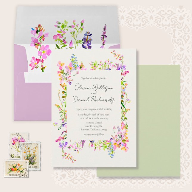 Invitation Romantic Garden Green Floral Wedding  (Garden Wildflowers Watercolor Wedding Invitations.)