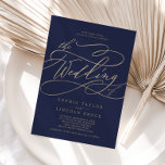 Invitation Romantic Gold Calligraphy | Navy The Wedding Of<br><div class="desc">This romantic gold calligraphy navy wedding invitation is perfect for a simple wedding. The modern classic design features fancy swirls and whimsical flourishes with gorgeous elegant hand lettered faux champagne gold foil typography. Please Note: This design does not feature real gold foil. It is a high quality graphic made to...</div>