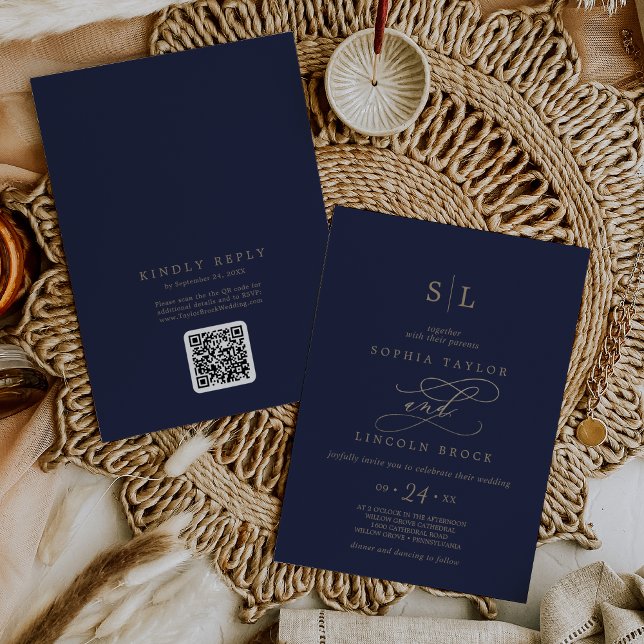 Invitation Romantic Gold Navy Monogramme QR Code Précédent Ma (Créateur téléchargé)