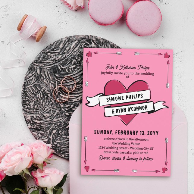 Invitation Romantic Heart Arrows & Ribbon Casual Wedding (Créateur téléchargé)