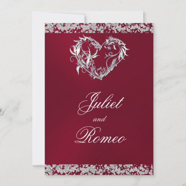 Invitation Romantic Heart & Glitter on Burgundy Wedding (Devant)