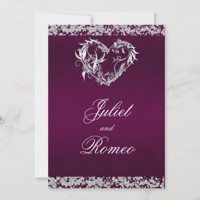 Invitation Romantic Heart & Glitter on Plum Wedding (Devant)