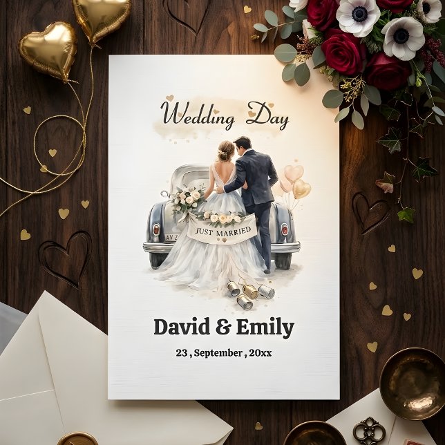 Invitation Romantic "Just Married" Couple & Vintage Car  (Créateur téléchargé)