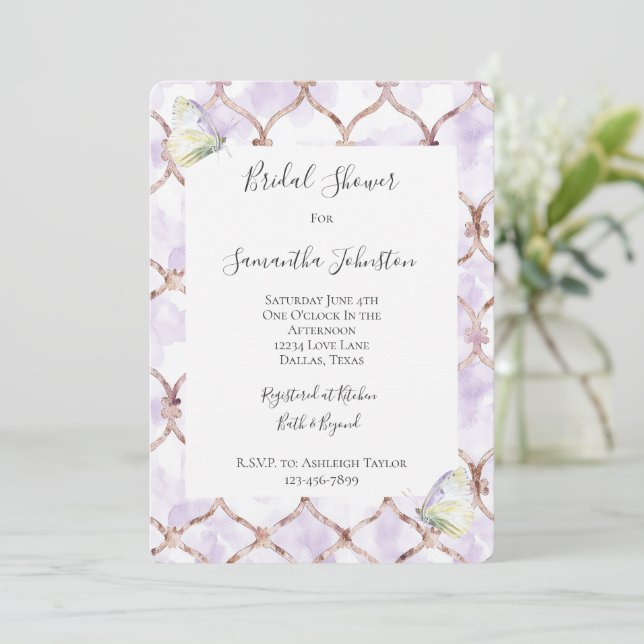 Invitation Romantic Lavender Green Butterflies Bridal Shower (Debout devant)
