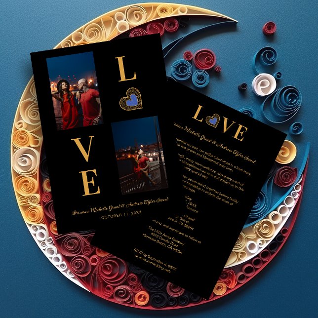 Invitation Romantic Love blue Heart Fake Lace 2 Multi PHotos (Romantic Love blue Heart Fake Lace & Fake Golden Effect Classic 2 Photos Collage Wedding Invitation.)