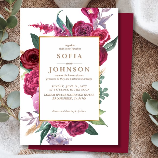 Invitation Romantic Luxe Red Maroon Watercolor Floral Wedding (Créateur téléchargé)