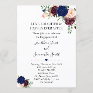 Invitation Romantic Navy fiançailles chic et floral burgudy