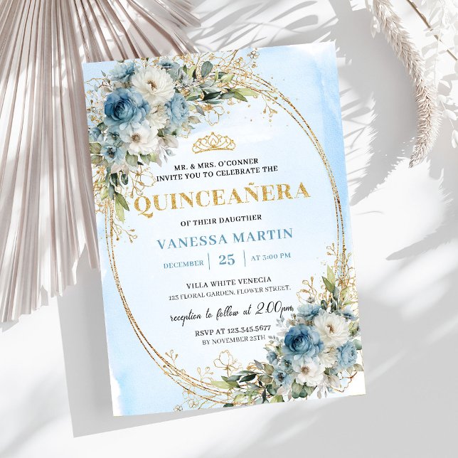 Invitation Romantic Pastel Blue Gold Eucalyptus Quince 15 (Romantic Pastel Blue Gold Eucalyptus Quince 15)