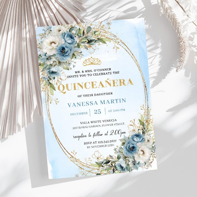 Invitation Romantic Pastel Blue Gold Eucalyptus Quinceañera   (Romantic Pastel Blue Gold Eucalyptus Quinceañera Invite

)