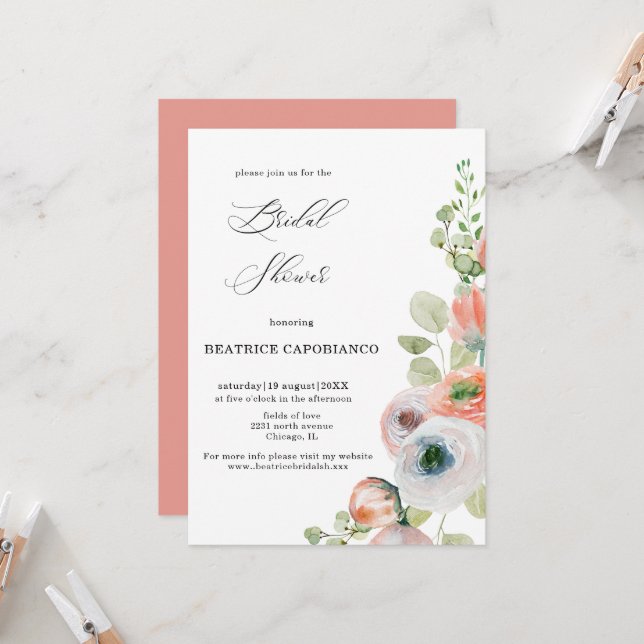 Invitation Romantic Peach Coral Floral Bridal Shower Card (Devant/Arrière en situation)