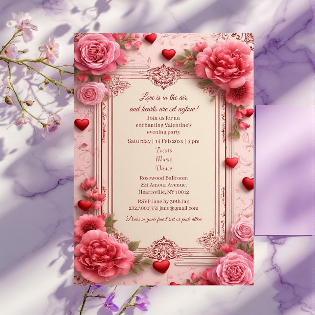 Invitation Romantic Pink Heart Motifs Valentine Party Floral  (Romantic Pink Heart Motifs Valentine Party Floral Invitation)