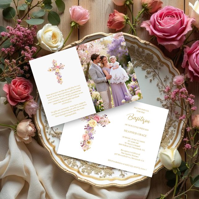 Invitation Romantic Pink Lilac Floral Cross Baptism (Romantic Pink Lilac Christian Floral Cross Baptism Invitation. )