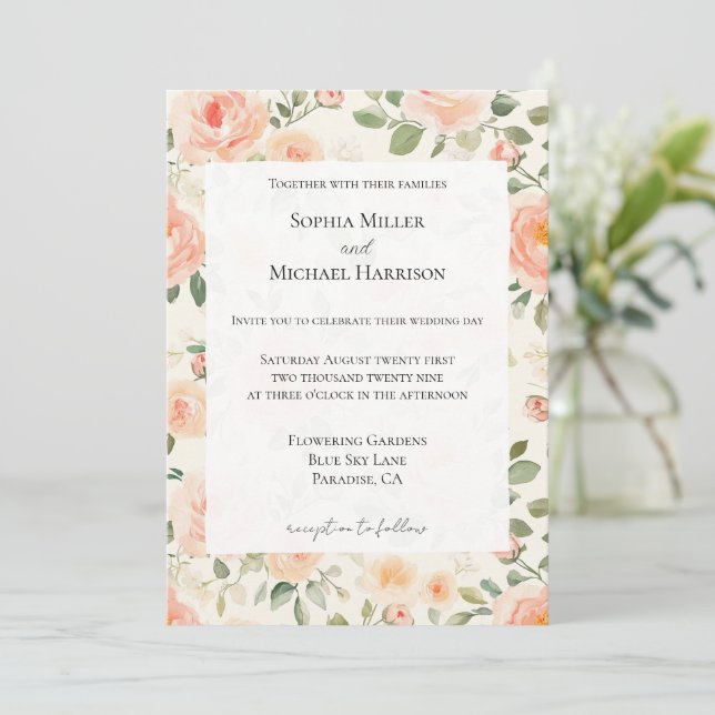 Invitation Romantic Pretty Cream Peach Floral Wedding (Debout devant)