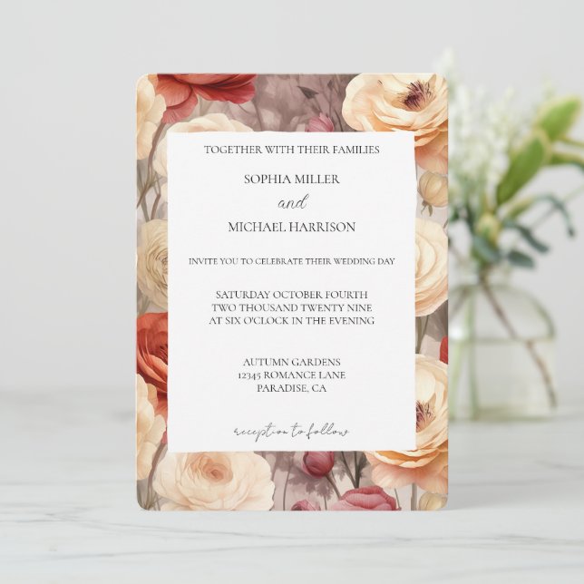 Invitation Romantic Red Cream Floral Wedding (Debout devant)