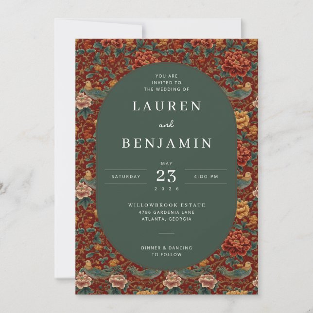 Invitation Romantic Red Floral Bird Border (Devant)