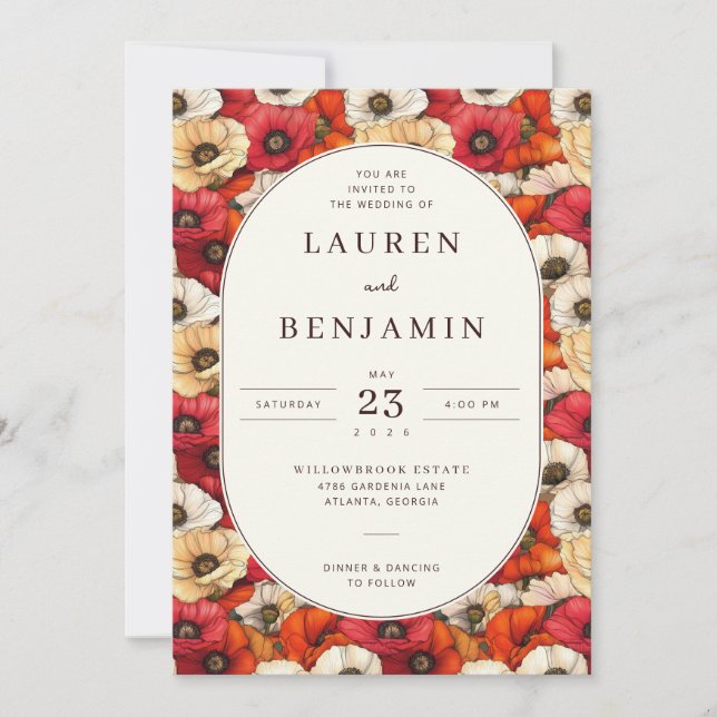 Invitation Romantic Red Floral Poppies Border (Devant)
