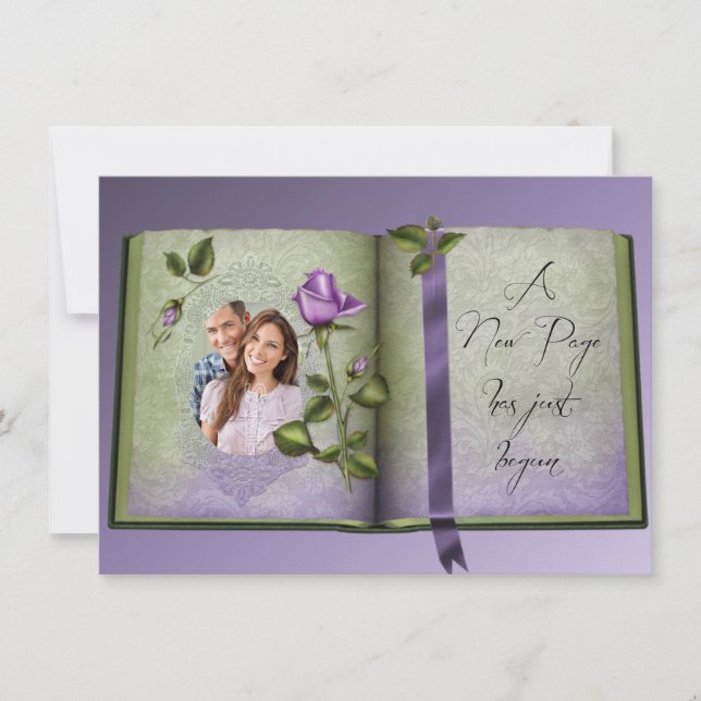 Invitation Romantic Retro Love Book Purple Wedple Invite (Devant)