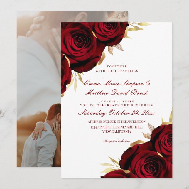 Invitation Romantic Rose Gold & Red Floral Wedding  (Devant / Derrière)