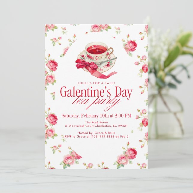 Invitation Romantic Rose Tea Cup Galentine’s Day Tea Party (Debout devant)