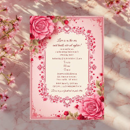 Invitation Romantic Roses Pink Heart Motifs Valentine Party 