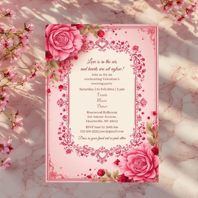 Invitation Romantic Roses Pink Heart Motifs Valentine Party  (Romantic Roses Pink Heart Motifs Valentine Party Invitation)