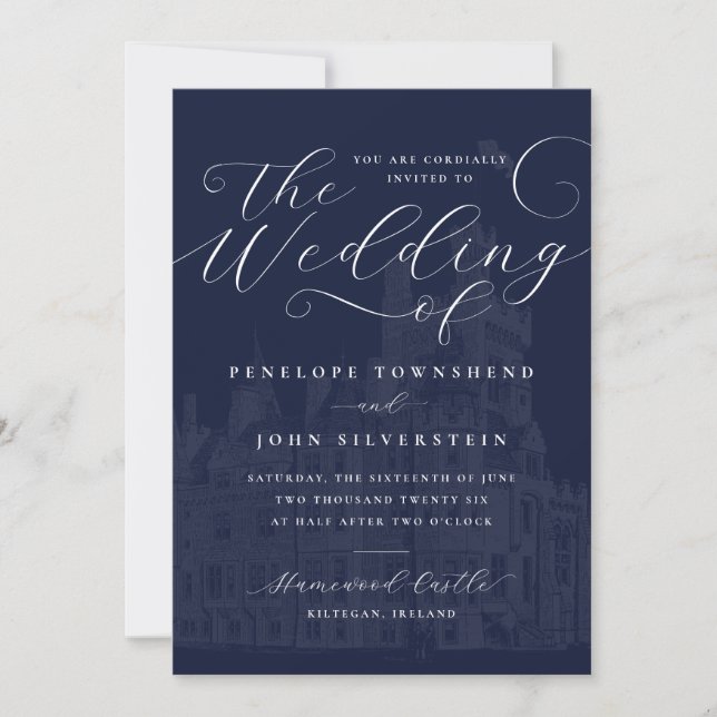 Invitation Romantic Script Navy Castle Illustration Wedding (Devant)