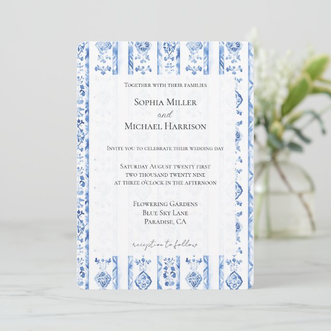 Invitation Romantic Sicily Italian Rustic Blue Stripe Wedding (Debout devant)