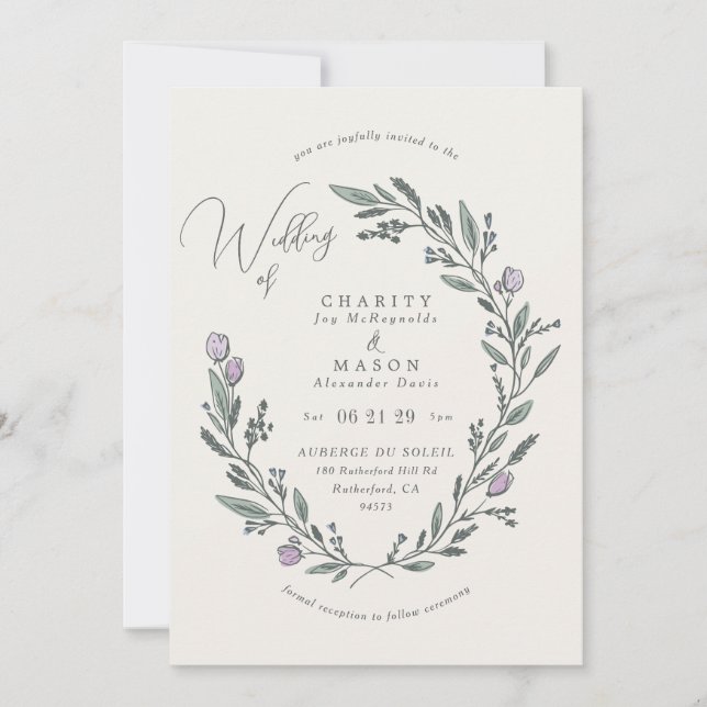 Invitation Romantic Soft Lilac Floral Crest Élégant Mariage (Devant)