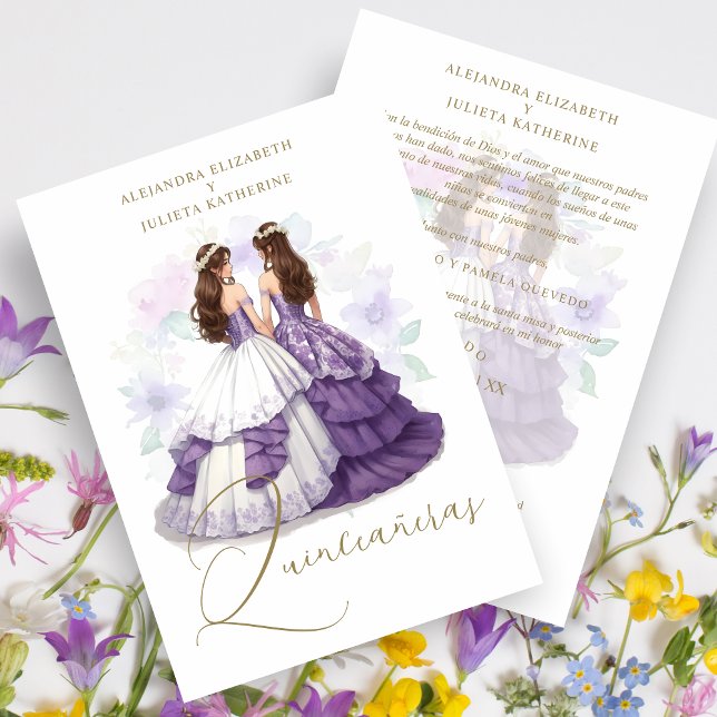 Invitation Romantic Spanish Quinceañeras Twins Purple Shades (Romantic Spanish Quinceañeras Twins in Purple Shades Invitation Card with Envelope. )